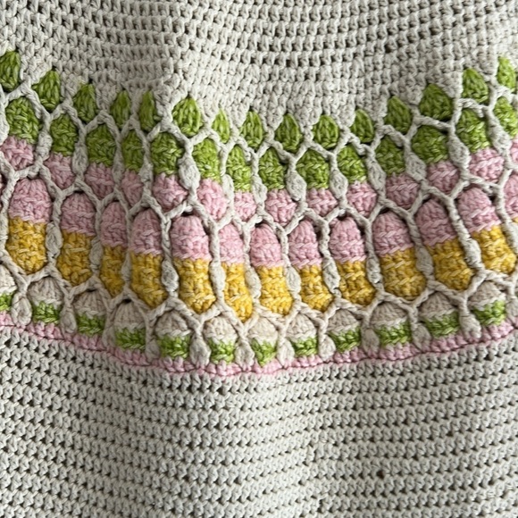 Cream Multi Color Hand Crochet Cotton Crew Neck Sweater Women's Size LG - Picture 4 of 11